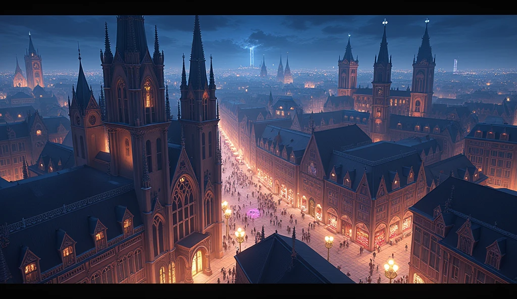 a city with gothic, aristocratic and carnival vibes in anime style, bird eye view at night