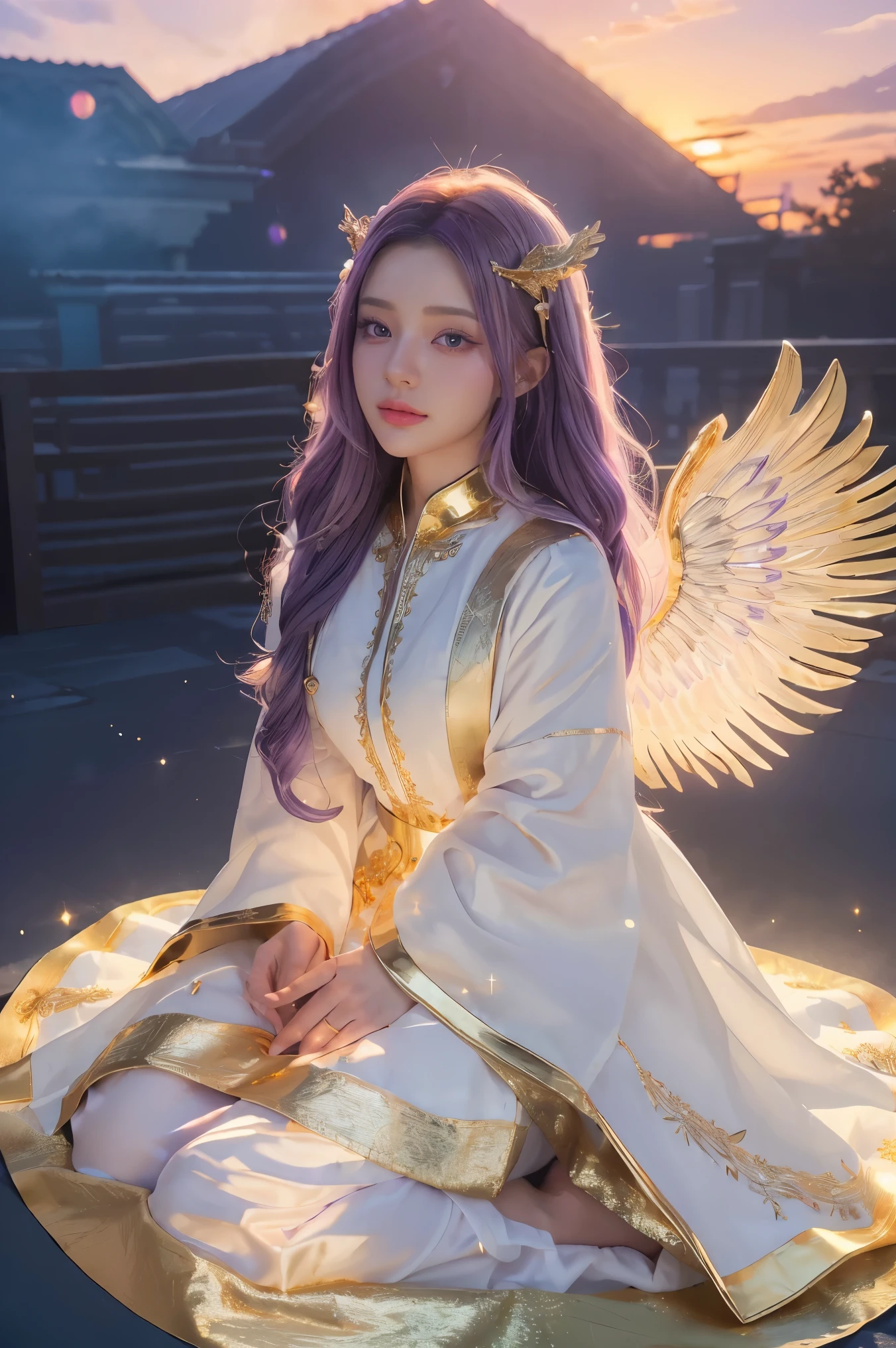 ((Masterpiece, best quality, very detailed), Volumetric light, surrounding occlusion, colorful, glow), 
1 woman, alone, young girl, (purple hair), long hair, radius, Aura, sacred, goddess, Priest uniform, (White dress with gold decorations:1.3), angel wings,
outdoor, sunset, sky, cloud, space, (Fantasy Theme:1.2),