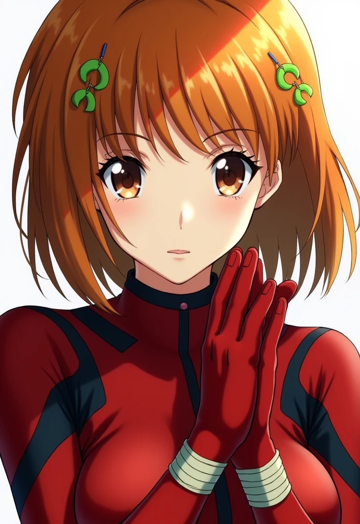 (8ก, best quality, Masterpiece:1.2), Very detailed, Masterpiece, realistic light,Masterpiece, best quality, Masterpiece, official art,extremely detailed CG unity 8ก wallpaper,Beautifully detailed eyes, light on face, 1 girl, Asuka,upper body, chest, pilot_suit, plugsuit, red_jacket, Windbreaker, glove, bandage, hair_decorations, hold back,