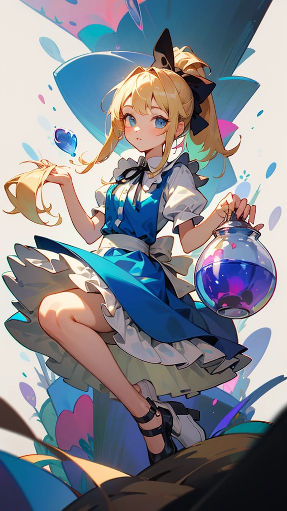 high resolution、Perm blonde、ponytail、Black ribbon on head、simple light blue dress、White frills on the skirt。
A girl like Alice in Wonderland。Girl entering a transparent glass bottle。Colorful illustration beautiful fantasy!