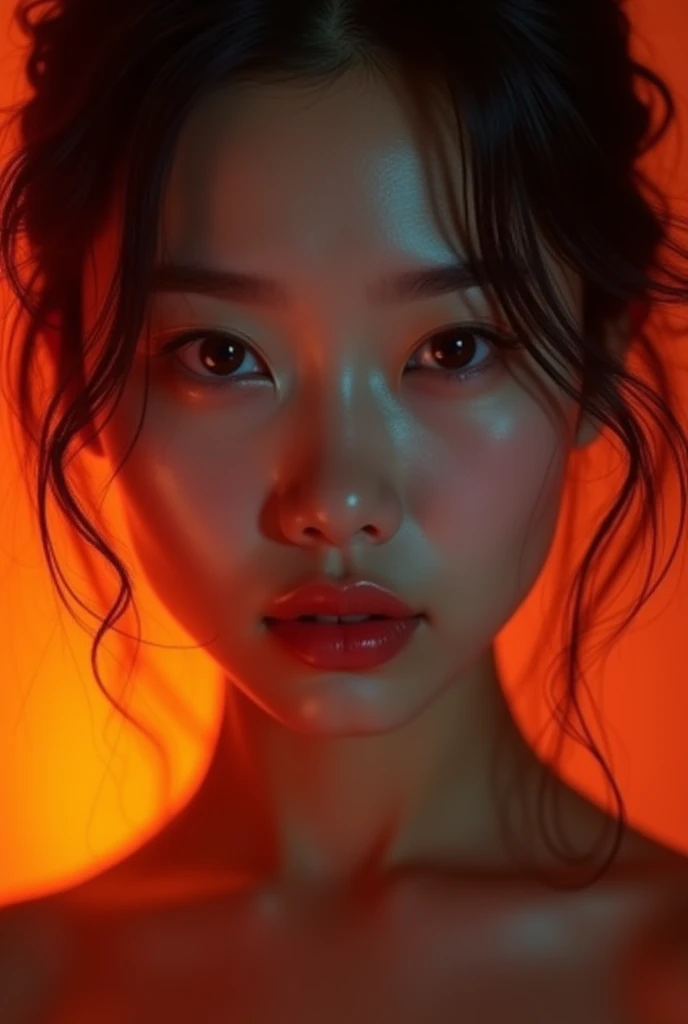 Hyperrealistic portrait of a beautiful sexy lips and eyes asian lady, her skin bathed in backlight soft orange hues, intricate details in facial features, soft lighting, hyperdetailed, vibrant contrast. Dark moody