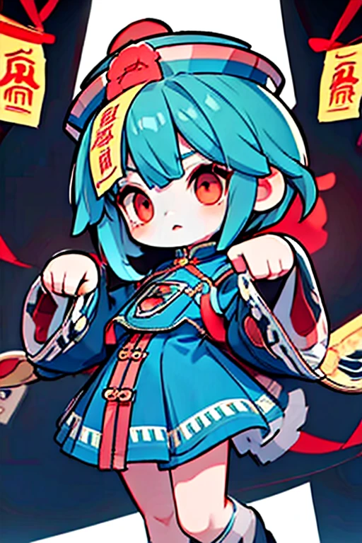 (((Jiangshi)))、 green hair、 Green Hair、Whites of the eyes are black、extra short hair、forehead、Banknotes on the forehead、flipped hair、messy hair、choppy hair、very short hair、((Paint the whites of the eyes black))、Red eyes、Inverted Eyes、Black and white eyes、((juvenile))、man、Long Tongue、Cute deformed、Center part、Pointy、Overall view、 detailed、　whole body、4 heads、Compact size、Abstract art、Chibi character、青White skin, White skin, Blue Skin、Pale complexion, ((((red eyes))))、masterpiece, Highest quality, Highest Resolution, perfect detailed modern anime style,、Expressive gestures、Comical movement、 anime lighting, detailed background, detailed, Sauda, One girl, alone, Long sleeve, Have, Slope, Sleeves are longer than the wrist, blue dress, Skin of color, Lock, Chinese clothing, Wide open eyes, Blue hat, Sleeves are longer than your fingers, Ofuda, Jiangshi, Yellow sclera, Qing Guan Mao,