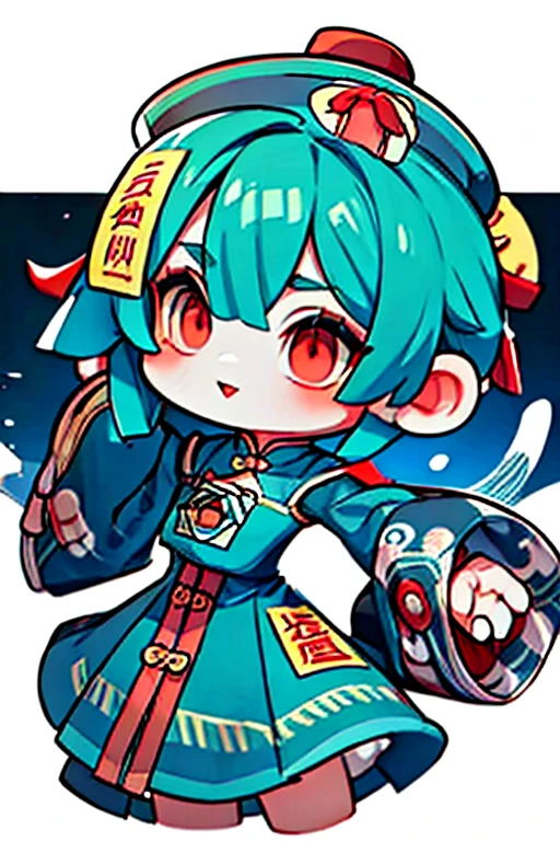 (((Jiangshi)))、 green hair、 Green Hair、Whites of the eyes are black、extra short hair、forehead、Banknotes on the forehead、flipped hair、messy hair、choppy hair、very short hair、((Paint the whites of the eyes black))、Red eyes、Inverted Eyes、Black and white eyes、((juvenile))、man、Long Tongue、Cute deformed、Center part、Pointy、Overall view、 detailed、　whole body、4 heads、Compact size、Abstract art、Chibi character、青White skin, White skin, Blue Skin、Pale complexion, ((((red eyes))))、masterpiece, Highest quality, Highest Resolution, perfect detailed modern anime style,、Expressive gestures、Comical movement、 anime lighting, detailed background, detailed, Sauda, One girl, alone, Long sleeve, Have, Slope, Sleeves are longer than the wrist, blue dress, Skin of color, Lock, Chinese clothing, Wide open eyes, Blue hat, Sleeves are longer than your fingers, Ofuda, Jiangshi, Yellow sclera, Qing Guan Mao,