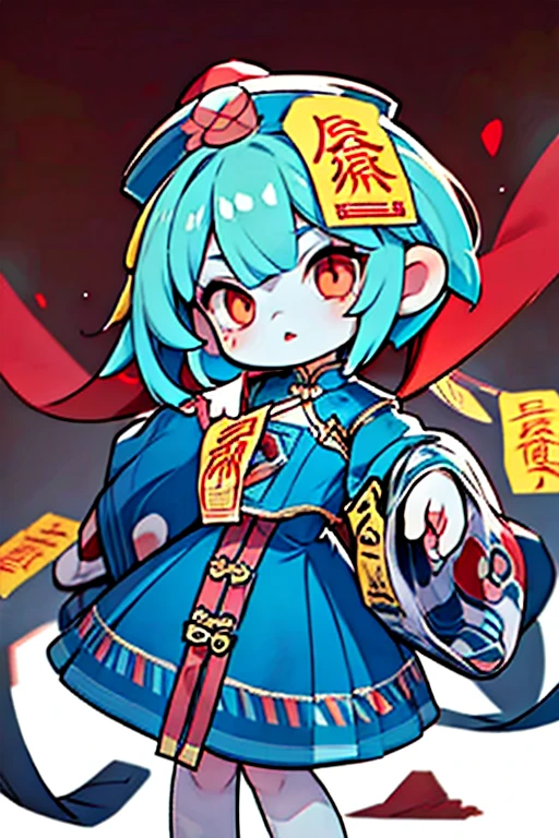 (((Jiangshi)))、 green hair、 Green Hair、Whites of the eyes are black、extra short hair、forehead、Banknotes on the forehead、flipped hair、messy hair、choppy hair、very short hair、((Paint the whites of the eyes black))、Red eyes、Inverted Eyes、Black and white eyes、((juvenile))、man、Long Tongue、Cute deformed、Center part、Pointy、Overall view、 detailed、　whole body、4 heads、Compact size、Abstract art、Chibi character、青White skin, White skin, Blue Skin、Pale complexion, ((((red eyes))))、masterpiece, Highest quality, Highest Resolution, perfect detailed modern anime style,、Expressive gestures、Comical movement、 anime lighting, detailed background, detailed, Sauda, One girl, alone, Long sleeve, Have, Slope, Sleeves are longer than the wrist, blue dress, Skin of color, Lock, Chinese clothing, Wide open eyes, Blue hat, Sleeves are longer than your fingers, Ofuda, Jiangshi, Yellow sclera, Qing Guan Mao,