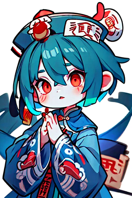 (((Jiangshi)))、 green hair、 Green Hair、Whites of the eyes are black、extra short hair、forehead、Banknotes on the forehead、flipped hair、messy hair、choppy hair、very short hair、((Paint the whites of the eyes black))、Red eyes、Inverted Eyes、Black and white eyes、((juvenile))、man、Long Tongue、Cute deformed、Center part、Pointy、Overall view、 detailed、　whole body、4 heads、Compact size、Abstract art、Chibi character、青White skin, White skin, Blue Skin、Pale complexion, ((((red eyes))))、masterpiece, Highest quality, Highest Resolution, perfect detailed modern anime style,、Expressive gestures、Comical movement、 anime lighting, detailed background, detailed, Sauda, One girl, alone, Long sleeve, Have, Slope, Sleeves are longer than the wrist, blue dress, Skin of color, Lock, Chinese clothing, Wide open eyes, Blue hat, Sleeves are longer than your fingers, Ofuda, Jiangshi, Yellow sclera, Qing Guan Mao,