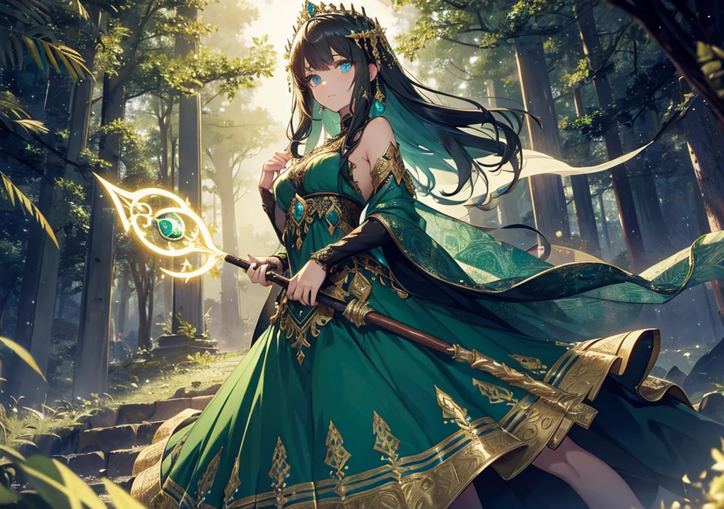 Create a princess surrounded by a mystical forest, dressed in a flowing, dark emerald gown with intricate gold patterns. Her eyes glow with ancient wisdom, and she holds a staff adorned with glowing runes, capturing the essence of an underground ritual