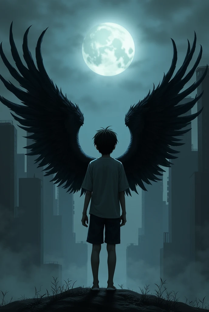 2 boy with wings back with a dark atmosphere , solo que sea A boy de cabello negro y con edificios de fondo, solo A boy que este de Espalda, A boy , black wings and the background is night , the shortest hair, but realistic