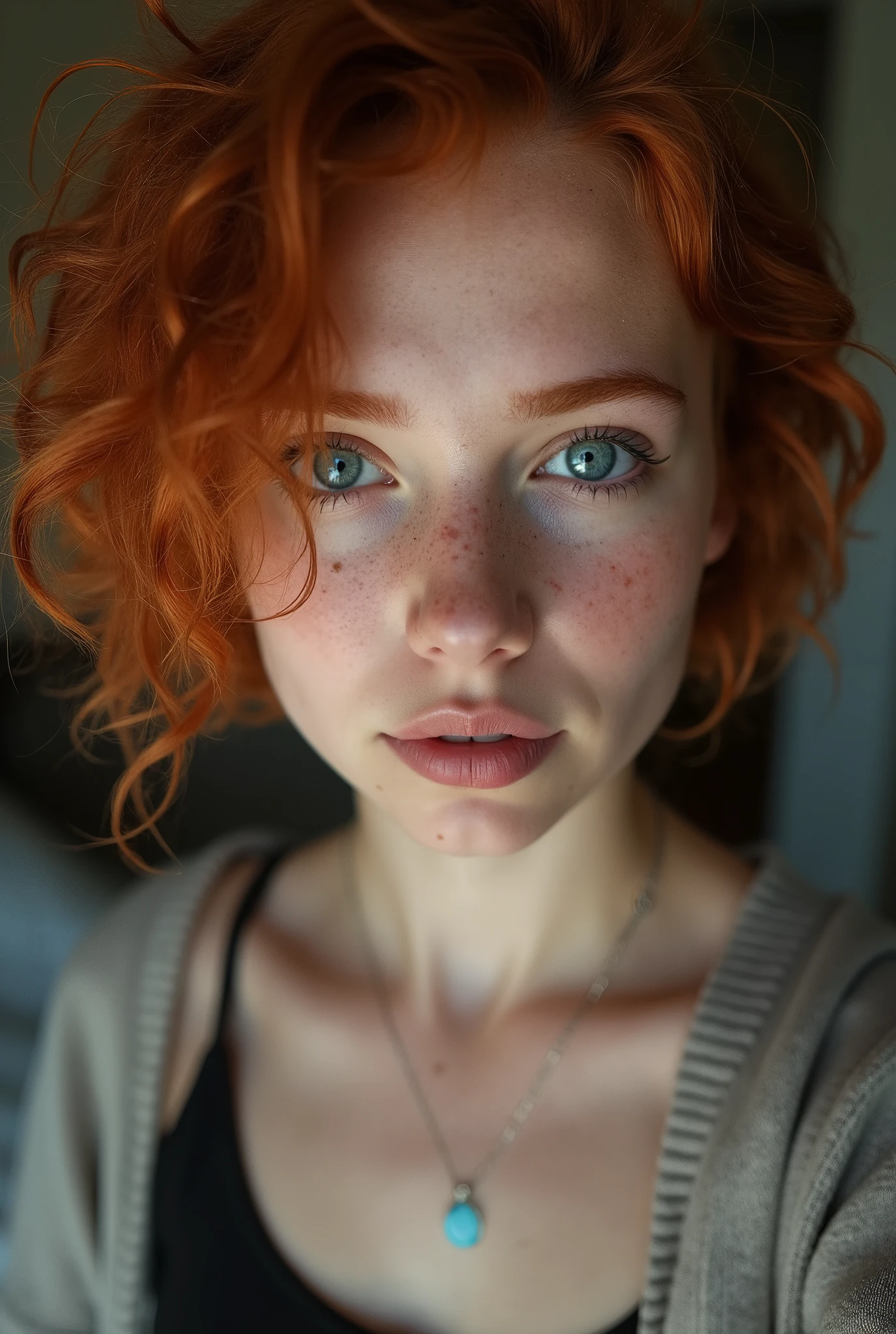 young teenager, Sexy girl with blue eyes, portraite, short curly red hair and big eyes, freckles, selfie of a young woman, Olhos do quarto, violet myers, no-makeup, Make-up natural, looking directly at the camera, guy with artgram, subtle makeup, Stunning full body photo, piercing green eyes, bodi com artgram, Unclothed, witheout panties