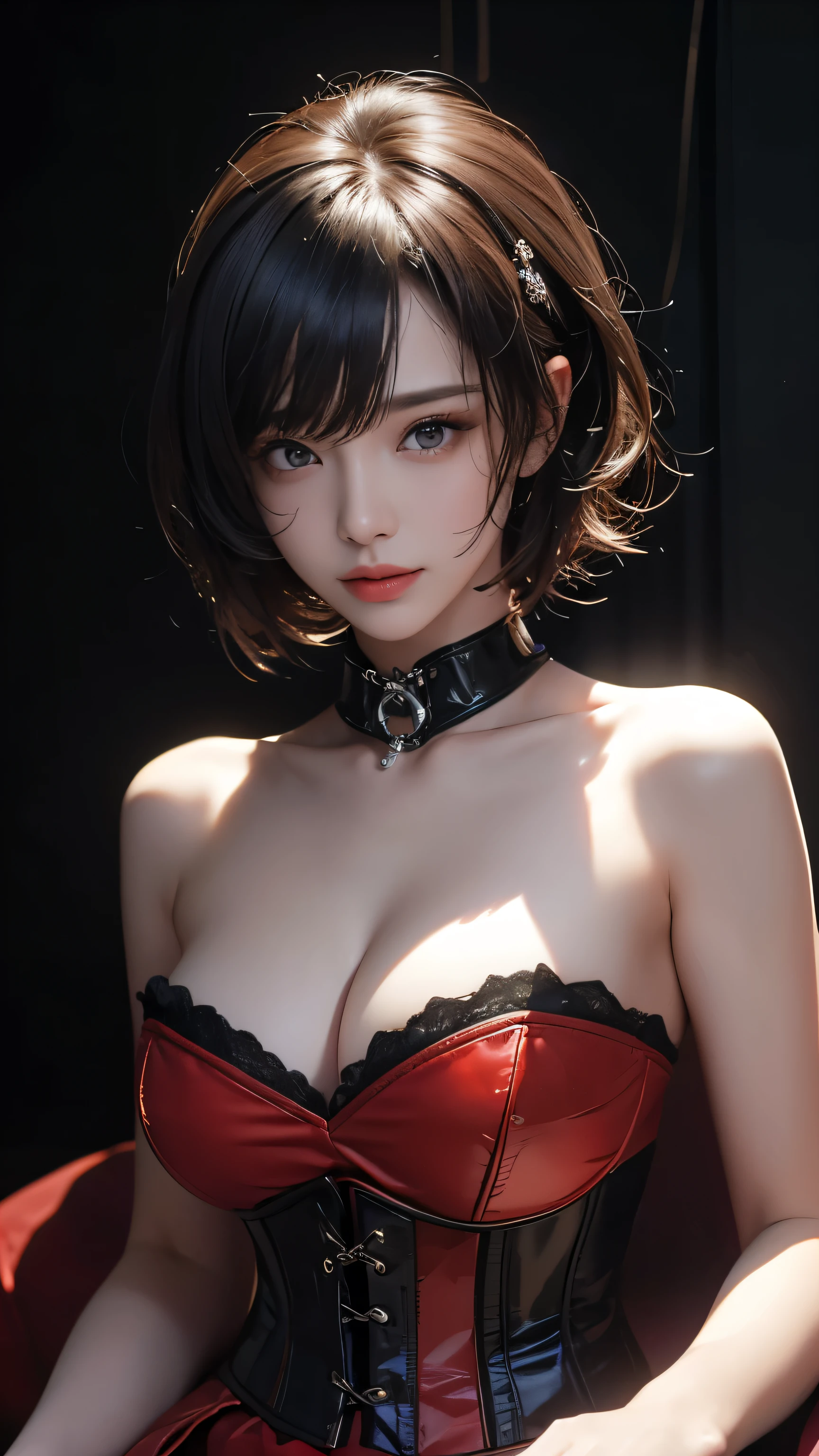 masterpiece, Highest quality, Very detailed, To the camera, Very detailed, Realistic, Sharp features, Very detailed, Sharp focus, Perfect Face, Perfect Face, Perfect symmetry and perfect eyes, Perfect Plump Lips, Flexible female form, cinematic, Film Light, Very detailedな, hyper Realistic, masterpiece, Atmospheric, High resolution, Vibrant, Dynamic Studio Lighting, ((Dark Background)), The facial expression when feeling happy, handcuffs, BDSM, slave, Rubber, Red Corset, (赤いfirst round), ((Highest quality, 8k, masterpiece: 1.3)), Sharp focus: 1.2, Beautiful woman with perfect figure: 1.4, Slim abs: 1.2, Wet body: 1.5, Very detailed face and skin texture, Detailed eyes, double eyelid, Very short hair,((SM lady)),((m嬢)),handcuffs,first round,Red and black outfit