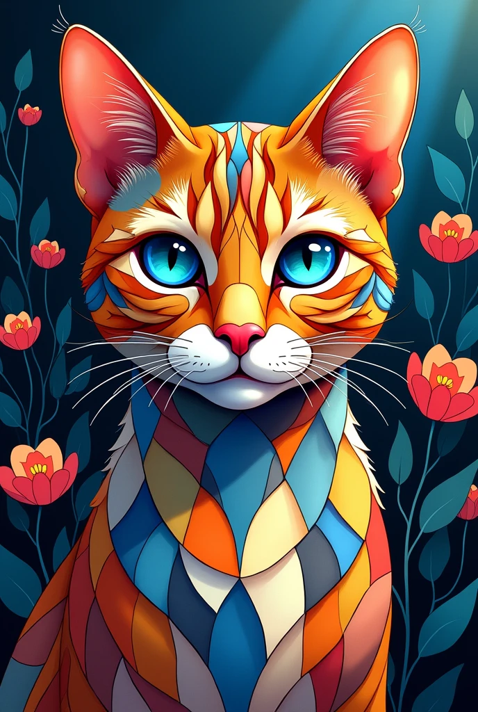A highly detailed, colorful digital illustration of a cat's head and upper body, inspired by stained glass and mosaic art styles. The cat has piercing blue eyes, with its fur rendered in a complex array of interlocking shapes and vibrant colors, including shades of orange, blue, red, yellow, and white. The fur patterns appear as though they are crafted from pieces of stained glass, each section flowing seamlessly into the next, creating a dynamic and almost ethereal appearance. The background features dark tones with abstract floral elements, adding contrast to the bright and intricate design of the cat. The lighting should emphasize the cat's face, giving it a slight glow, while the flowers around it are softly illuminated