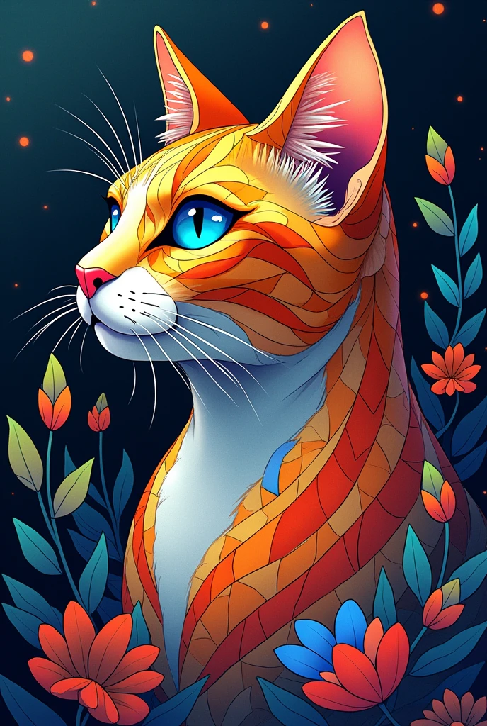 A highly detailed, colorful digital illustration of a cat's head and upper body, inspired by stained glass and mosaic art styles. The cat has piercing blue eyes, with its fur rendered in a complex array of interlocking shapes and vibrant colors, including shades of orange, blue, red, yellow, and white. The fur patterns appear as though they are crafted from pieces of stained glass, each section flowing seamlessly into the next, creating a dynamic and almost ethereal appearance. The background features dark tones with abstract floral elements, adding contrast to the bright and intricate design of the cat. The lighting should emphasize the cat's face, giving it a slight glow, while the flowers around it are softly illuminated