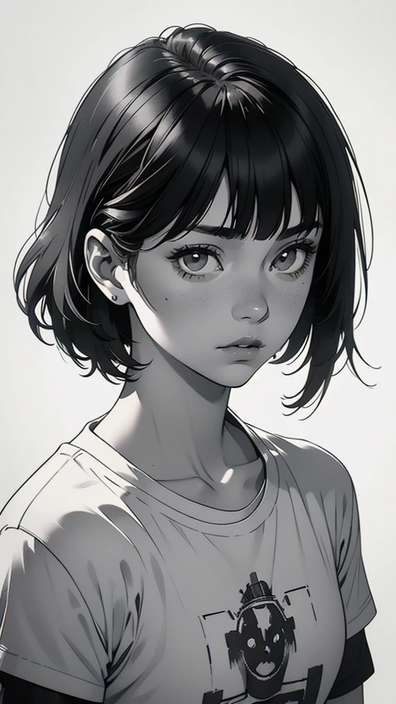 1 boyish girl, solo, sharp eyes, monochrome, greyscale, short black hair, portrait, white T-shirt, Thin eyebrows, closed mouth, looking at viewer, graphite \(medium\), detailed lips, hatching \(texture\), without makeup, bangs, upper body, (best illustration), (best quality), (very detailed), (masterpiece), expressionless,