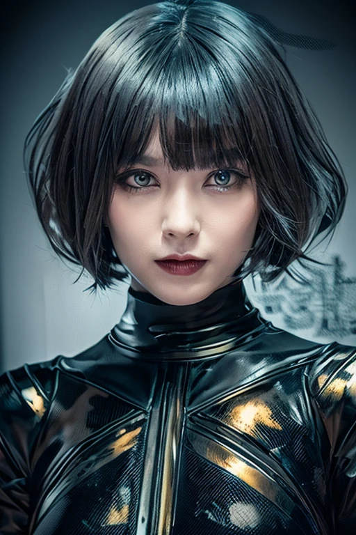 perfect female android, short hair, Straight Front Fringe covering the forehead up to the eyebrows, Yor Forger style hair, black gothic futuristic outfit with gray details 