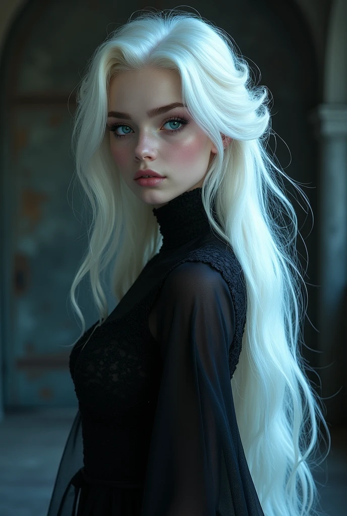 A teenager with physical features of Elsa and Merlina Adams, egocentric