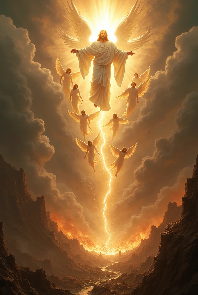 Jesus descending from heaven with all his angels, while the world is destroyed