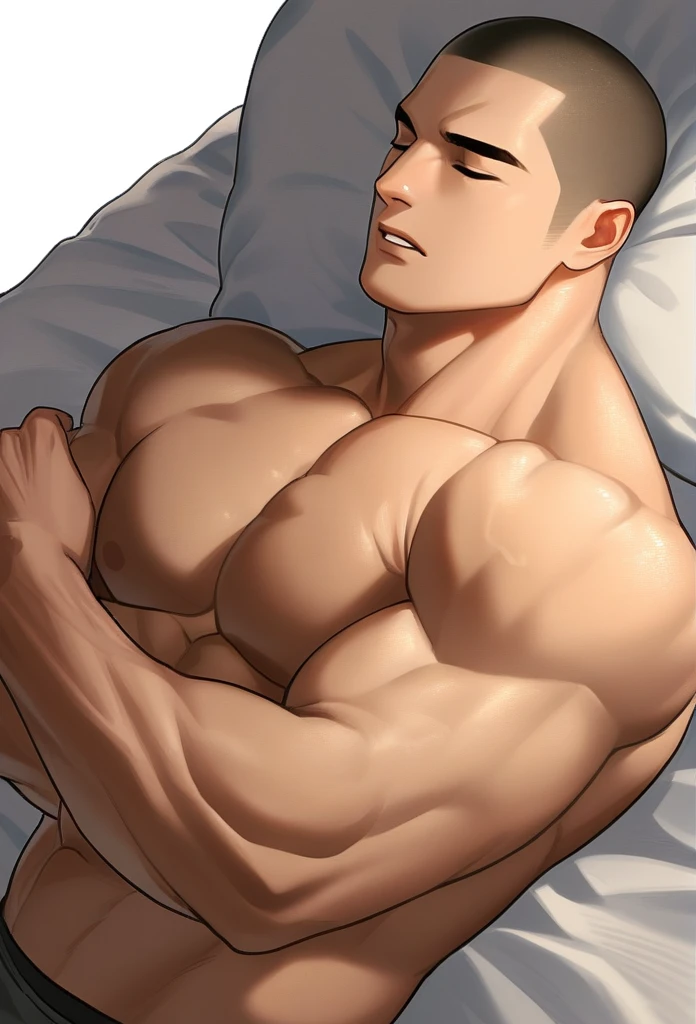 1boy, male focus, naked, sidepec, muscular male, muscular, bara, defined abs, upper body, solo, sleeping in bed, head on the pillow, annoyed, very short hair, buzzcut, stubble, light brown hair, slepping, parted lips, big penis, volume in the underwear, gray underwear, gray underpants, shirtless, white background, simple background, full body, best quality, amazing quality, best aesthetic, absurdres, year 2023, Obra-prima, Melhor qualidade, Rubor