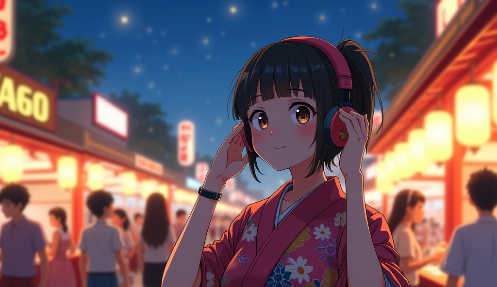 Perfect image, 8k、summer、night、high school girl、Big Breasts、Mature、yukata、looks fun、smile、Using headphones、festival、stall、 2D-style animation, Lo-Fi、Retro、Emotional、Anime style illustrations