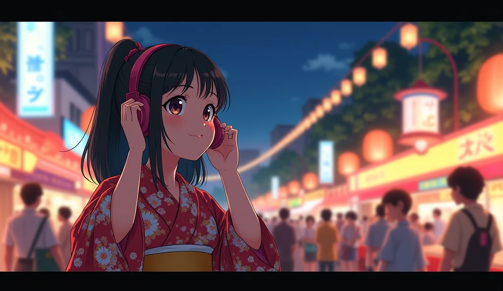 Perfect image, 8k、summer、night、high school girl、Big Breasts、Mature、yukata、looks fun、smile、Using headphones、festival、stall、 2D-style animation, Lo-Fi、Retro、Emotional、Anime style illustrations