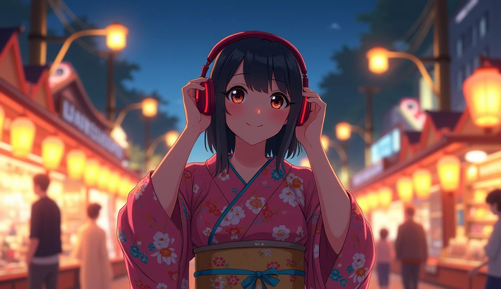 Perfect image, 8k、summer、night、high school girl、Big Breasts、Mature、yukata、looks fun、smile、Using headphones、festival、stall、 2D-style animation, Lo-Fi、Retro、Emotional、Anime style illustrations