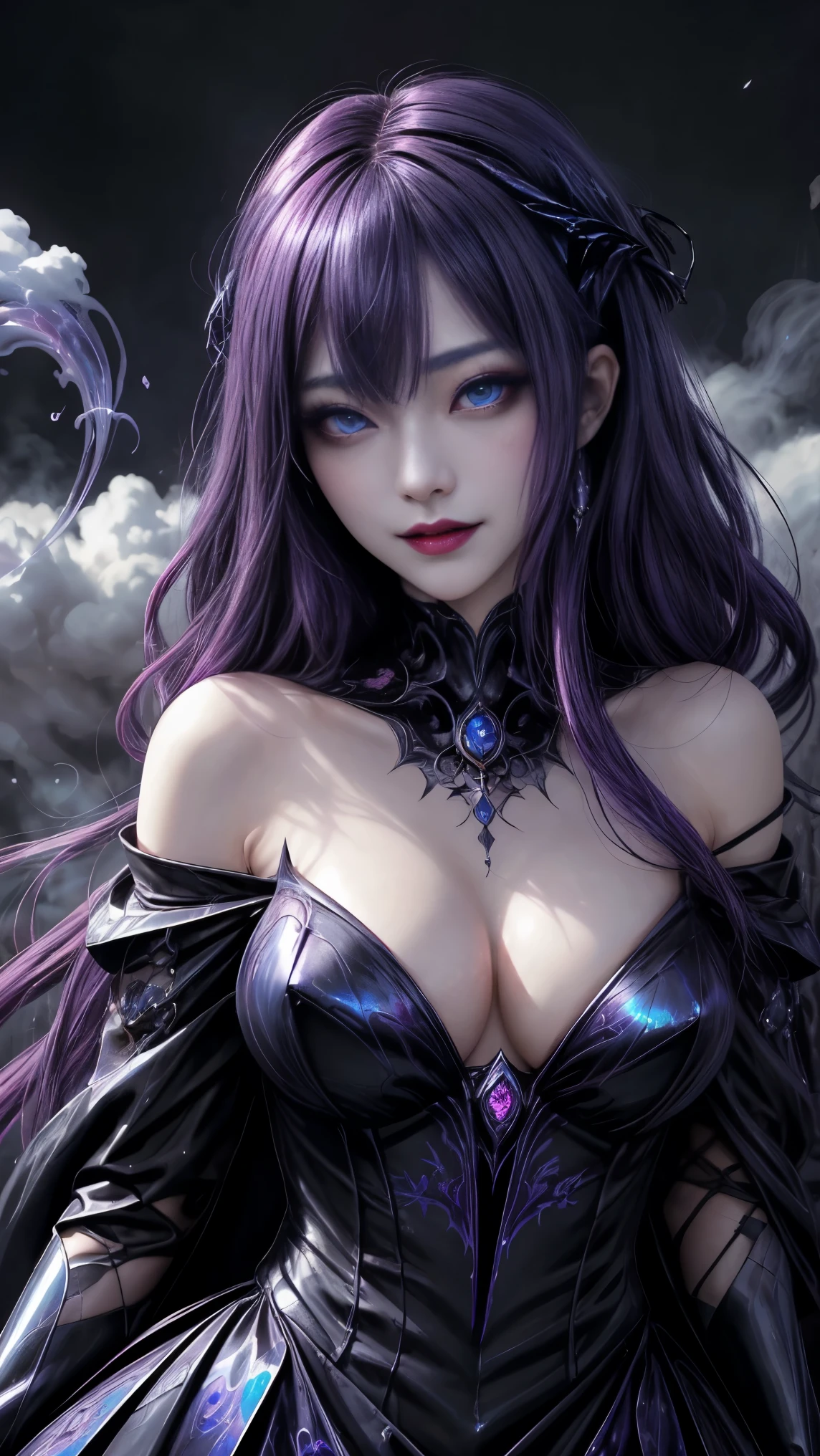 強力なスーパーevil女がクローズアップでポーズをとる, Black Goddess (Expose your shoulders), length, Flowing purple hair, View your audience, Highly detailed face, Perfect hands, Blue smoke swirling around her, evil事を愛する, Captivating blue eyes, Dark fantasy, Genuine, Symmetric, Attention to detail, Esoteric arachnids lady, Spider Queen Elise, League of Legends, Esoteric arachnids, Combat Stance, ( The body is made with liquid metallic paints in metallic mauve and metallic black....、It beautifully depicts the female form....。), length, Sharp Fangs, nature, ((Complex metallic colors in the foreground)), (( Fluid Mechanics, The most beautiful smooth scale face makeup, Smirking expression)) - Dark blood, Onyxia、Noir painting of a beautiful young witch, length purple hair, dark purple lips, evil, evil女, smile, Black Prom Dress, She is coming to you, close, Bright Blue Eyes, Surrounded by swirling pink smoke, Genuine, Attention to detail, Highest quality