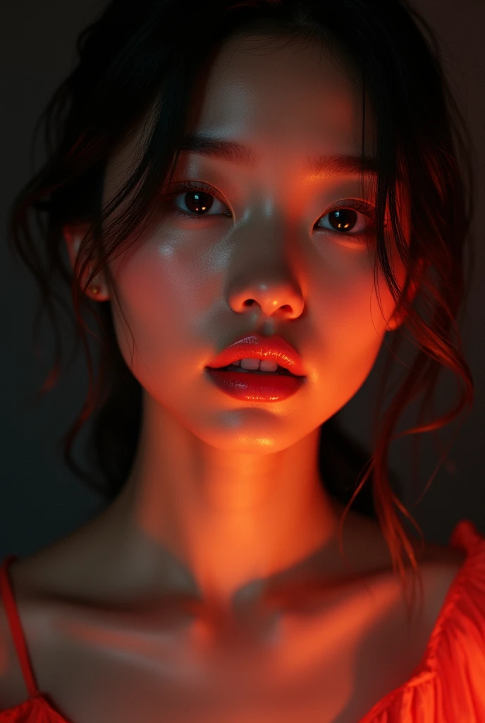 Hyperrealistic portrait of a beautiful sexy lips and eyes asian lady, her skin bathed in frontlight soft orange hues, intricate details in facial features, soft lighting, hyperdetailed, vibrant contrast. Dark moody