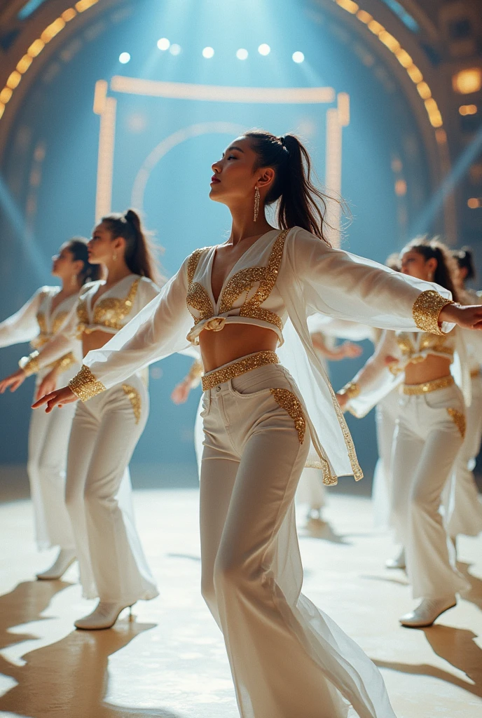 artwork best quality six dancers from a pop show in white outfit with gold details white long sleeve shirt and white pants underneath intricate details dancing seen from afar full body in a show with details uhq details 8k