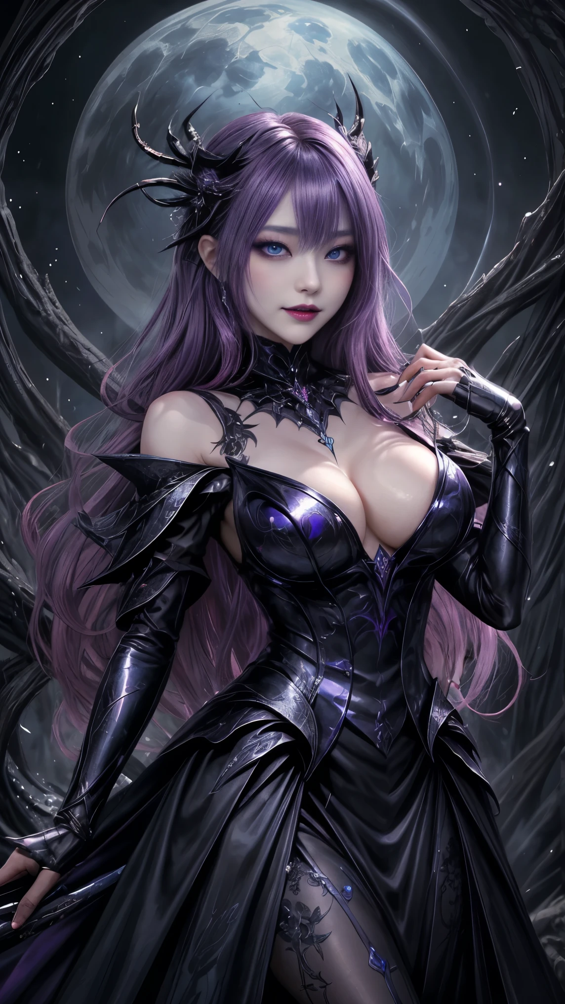 強力なスーパーevil女がクローズアップでポーズをとる, Black Goddess (Expose your shoulders), length, Flowing purple hair, View your audience, Highly detailed face, Perfect hands, Blue smoke swirling around her, evil事を愛する, Captivating blue eyes, Dark fantasy, Genuine, Symmetric, Attention to detail, Esoteric arachnids lady, Spider Queen Elise, League of Legends, Esoteric arachnids, Combat Stance, ( The body is made with liquid metallic paints in metallic mauve and metallic black....、It beautifully depicts the female form....。), length, Sharp Fangs, nature, ((Complex metallic colors in the foreground)), (( Fluid Mechanics, The most beautiful smooth scale face makeup, Smirking expression)) - Dark blood, Onyxia、Noir painting of a beautiful young witch, length purple hair, dark purple lips, evil, evil女, smile, Black Prom Dress, She is coming to you, close, Bright Blue Eyes, Surrounded by swirling pink smoke, Genuine, Attention to detail, Highest quality