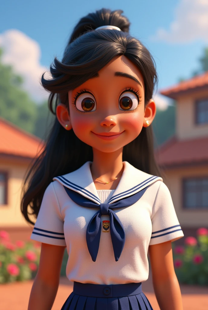 Pixar-style poster of a student in uniform with a white blouse with an embroidery of the seal of the Lauro Damerval Ayora Educational Unit