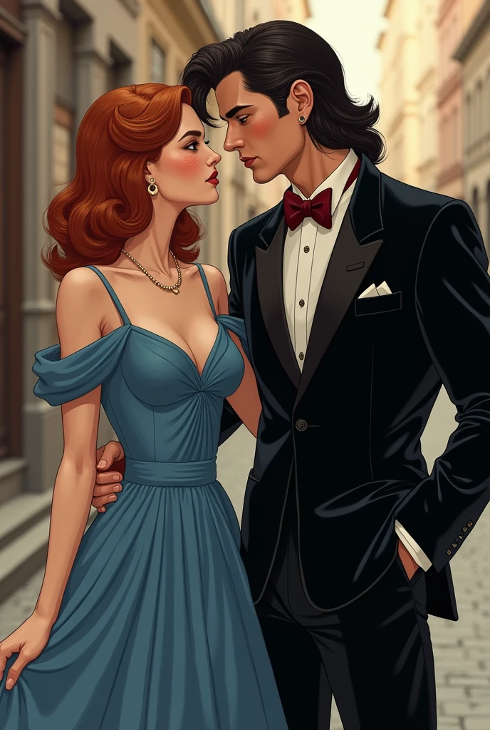 a man dressed in a black velvet suit with a mullet haircut, the black shirt the burgundy bow full body with a woman with a blue dress type with medium short hair the red-haired woman with freckles