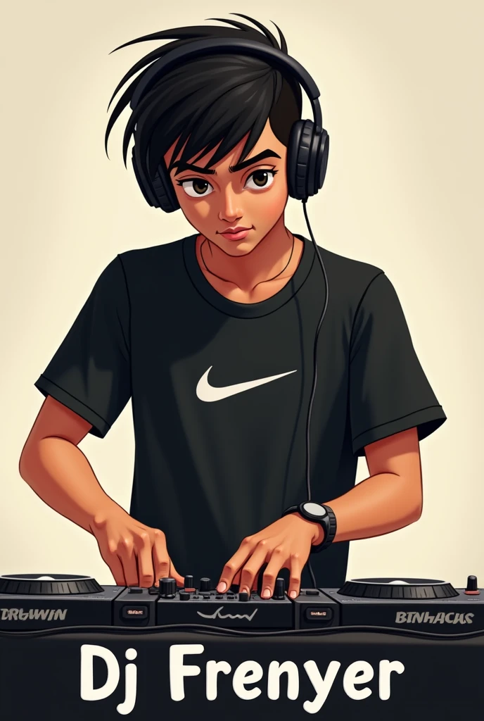 Create a low combed Latino boy with black hair mixing like a DJ with a black Nike shirt and black headphones and underneath the word DJ FRENYER, white skin and a mole on one side of his lip.