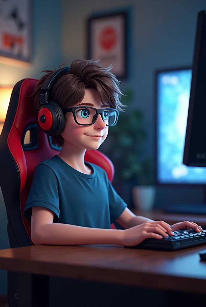 Chico Gamer, Short brown hair with a small bang on the right side, black frame glasses, he is playing call of duty, sitting in his red and black gaming chair