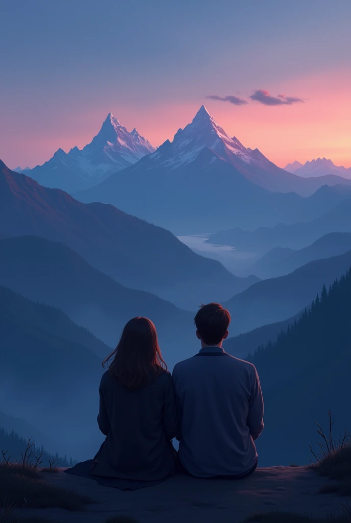 A man and woman sitting at edge of hill. Hill is so much high. A big plain ground is their at bottom of hill and it is spread in very huge area. They both facing towards ground or mountains which are far apart from them. The mountain are far apart from them.Do not make it smoky or invisible the view of mountain assume that the environment is clear. The scene is of evening.The image should give back facing of them and facing towards ground or mountain.
Generate the image.Keep the previous image as at is and make the hill higher. Reduce the no of mountain in previous image make them far apart from the hill. The mountain should be big. Keep the view exactly back of them.