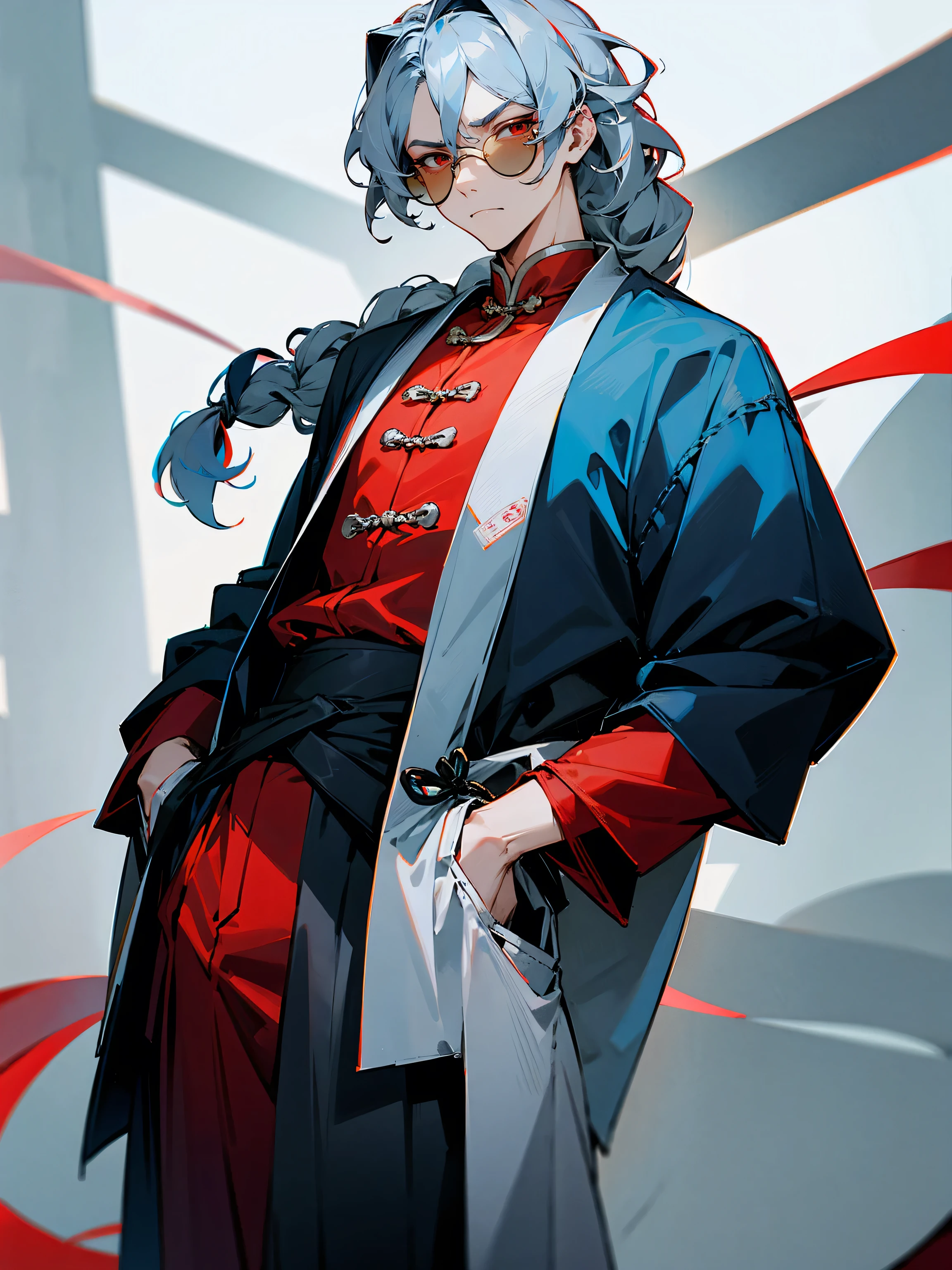 1male, blue and grey hair, two toned hair, wavy hair, twisted braid, circular sunglasses, chinese outfit, red eyes, tied to waist, serious expression, tired expression, adult, lean build, hands in pocket