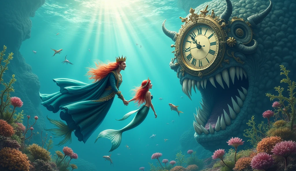 King merman and his mermaid daughter Ariel, swimming through the sea while a clock appears chewing the time