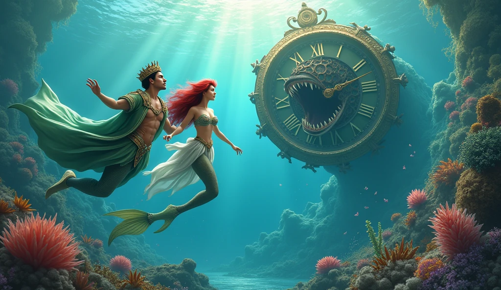 King merman and his mermaid daughter Ariel, swimming through the sea while a clock appears chewing the time