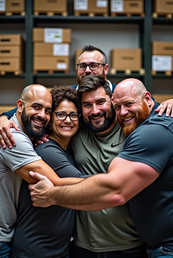 5 people hugging each other looking at the camera, one bald and one bearded , second one with glasses beard and nike shirt, third a bald man with a viking body , fourth a dark-skinned man like will smit ,the fifth a chubby one , in the background shelves and stock boxes