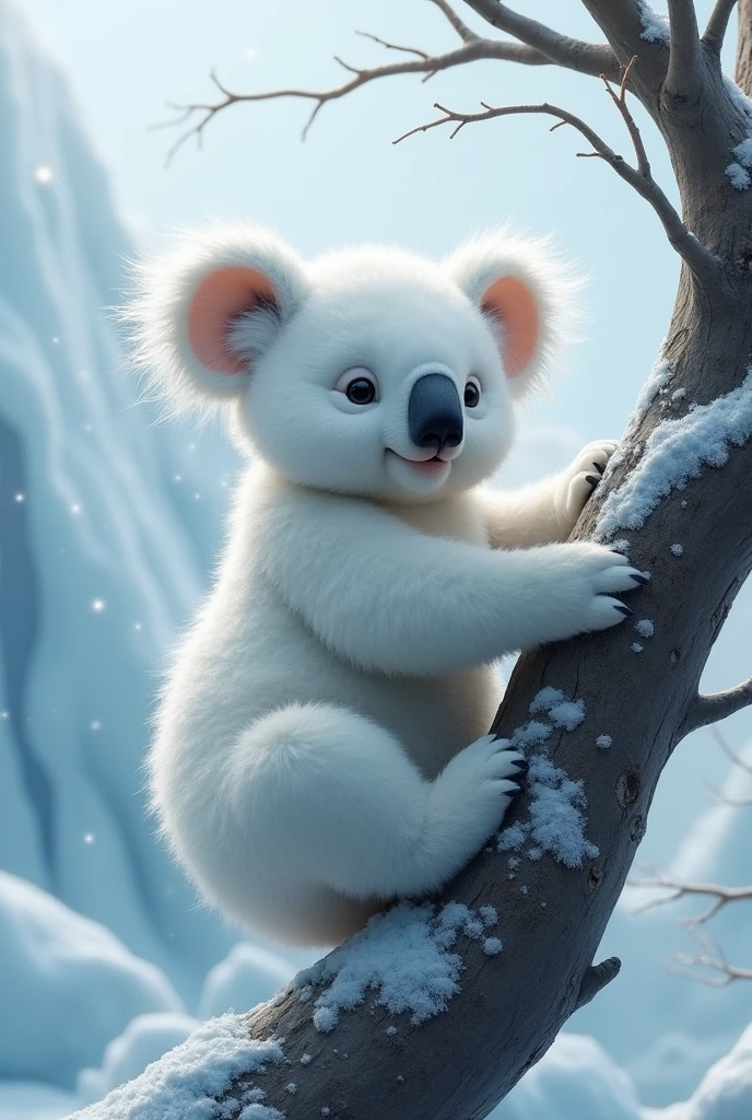 Koala-Polar Bear Hybrid fusion: A fluffy, cuddly animal with the round ears and nose of a koala, combined with the large, white fur and powerful limbs of a polar bear. It clings to a tree in an icy landscape. ultra HD high resolution 4K