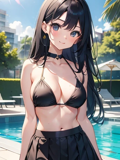 masterpiece, High resolution, High resolution, High resolution, Girl, cute, adorable, smiling, straight hair, long hair, black hair, standing, Swayback stance, looking at the camera, From the front, from thighs to head, pool, daylight,Skirt-style-bikini