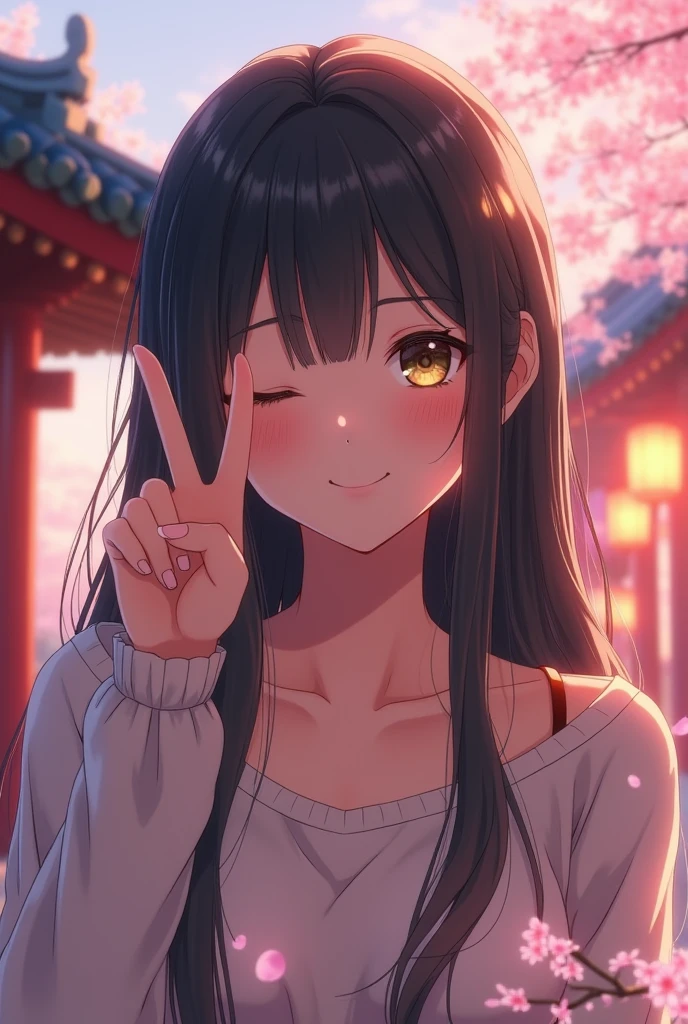 An 8K high-definition cinematic rendering of a romantic anime-style medium scene of a beautiful Korean girl with long, dark hair, she is wearing a playful expression, making the peace sign with her fingers and winking one eye in a charming gesture, the scenery is romantic and dreamy, with subtle symbols of Korean culture, such as a soft representation of the roof of a traditional Korean palace, cherry blossoms and soft lanterns. The background is blurred and contains a soft representation of the roof of a traditional Korean palace, cherry blossoms and soft lantern lights. High resolution, masterpiece, best quality, detail, HD model, high quality, super detail, ultra HD, blushing, laughing, smiling, embarrassed, faint smile, ukiyo-e, 3D rendering, American propaganda poster, anime style, art nouveau, cinematic, photorealism, portrait photography, realism,Sorriso, Rubor claro, Hiper-realismo, 