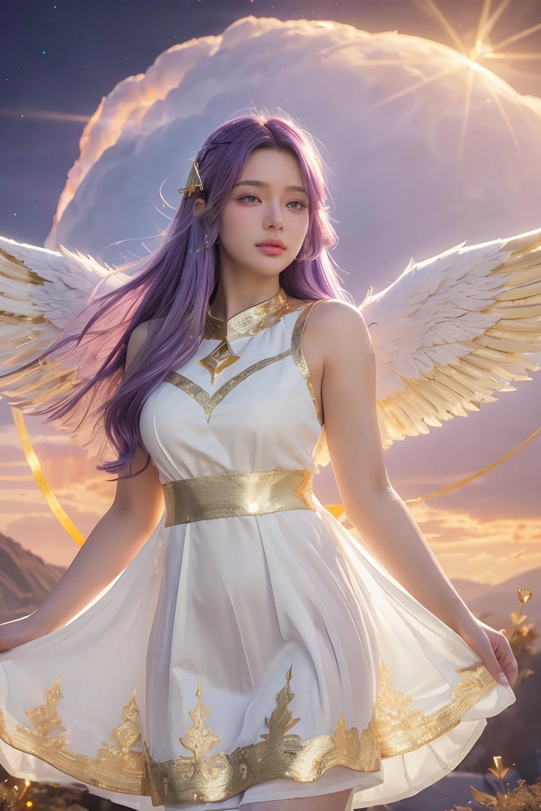 ((Masterpiece, best quality, very detailed), Volumetric light, surrounding occlusion, colorful, glow), 
1 woman, alone, young girl, (purple hair), long hair, radius, Aura, sacred, goddess, Priest uniform, (White dress with gold decorations:1.3), angel wings,
outdoor, sunset, sky, cloud, space, (Fantasy Theme:1.2),