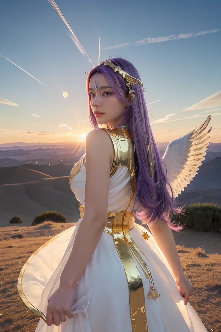 ((Masterpiece, best quality, very detailed), Volumetric light, surrounding occlusion, colorful, glow),
1 woman, alone, young girl, (purple hair), long hair, radius, Aura, sacred, goddess, Priest uniform, (White dress with gold decorations:1.3), angel wings,
outdoor, sunset, sky, cloud, space, (Fantasy Theme:1.2),
