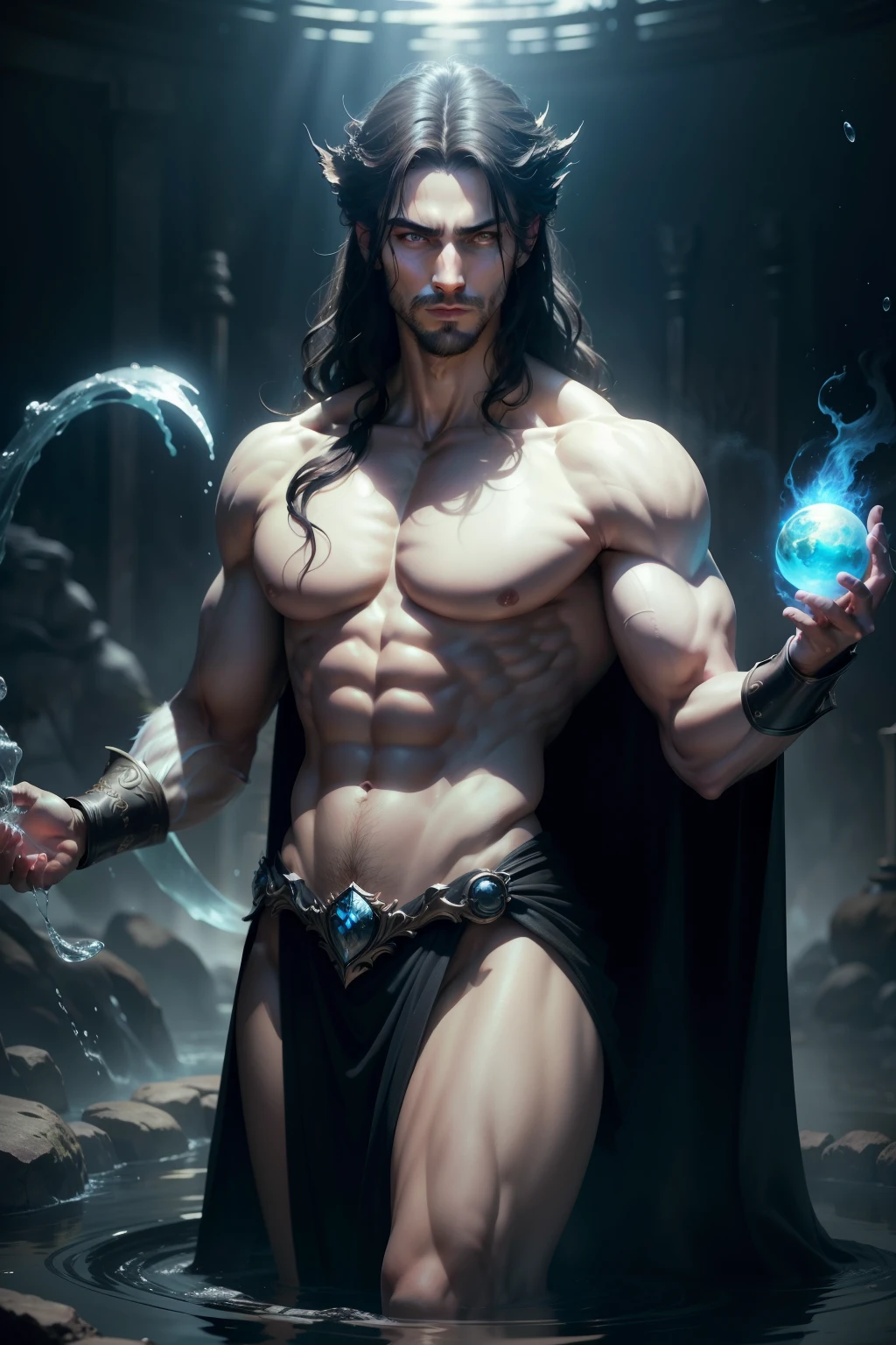 (8k,photorrealistic　RAW photograph　Maximum quality;1.4) (1 Korean) Super handsome king of the underworld　(lifelike face) 　(beautiful and stylish hair,  medium hair in the wind)　slenderbody　hairy muscular and virile masculine　big green eyes　earth element costume　earth fountain decoration　Fangs peeking out of the mouth　Pointed claws　a seductive gaze　Beautiful expression　A hyper-realistic　(King of the Underworld)　appealing　(earth element skin )　super high resolution　high detail with just towels 　Aura of white light emanating from the body　very sexy effect 