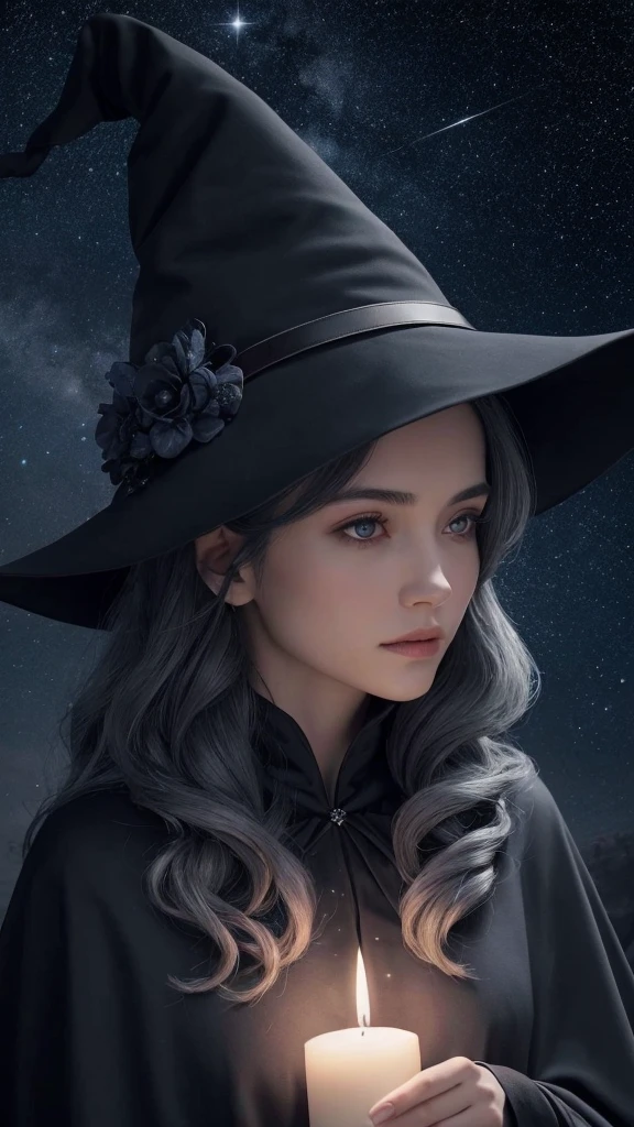 A single witch wearing a dark blue hat and cloak, with wavy gray hair, holding a candle. She is gazing directly at the viewer. The background features a starry sky and moon, with only her upper body depicted.
