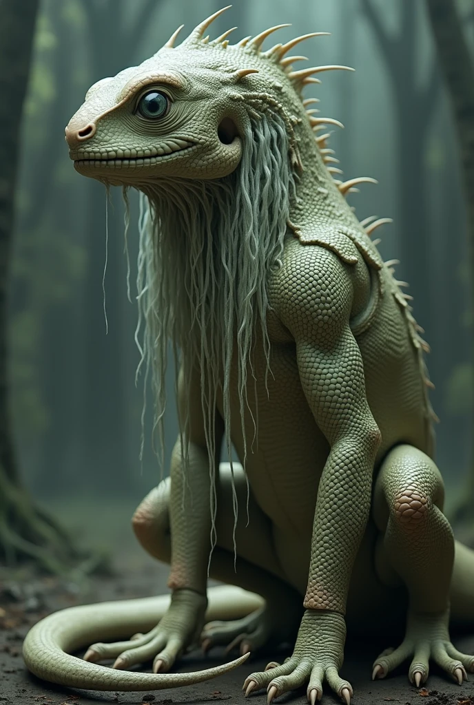 Lizard body with a head of a human person with long hair