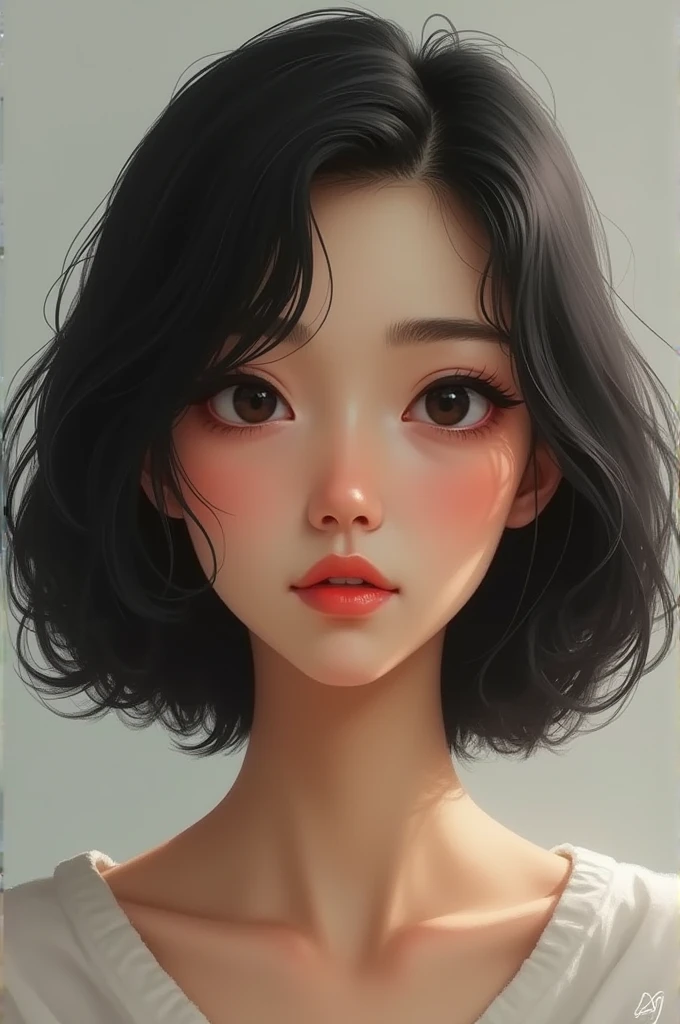 Older girl 36 Small face, oval Small black eyes Small nose Thin upper lip Thick lower lip Light brown feet Black hair with a Bob cut with layers