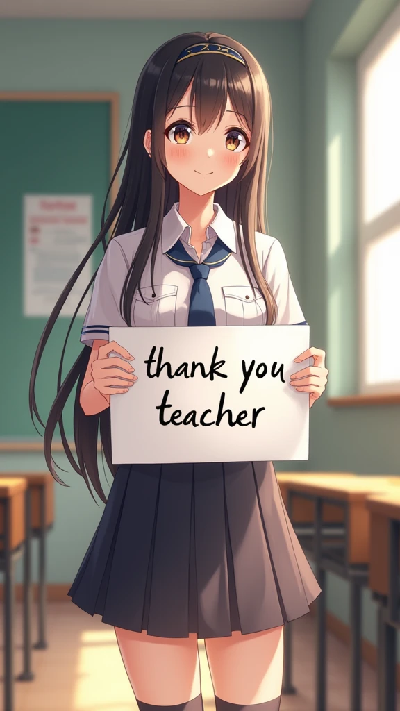 A beautiful female student in school uniform holds a sign "Thank you teacher", hapiness, hapiness的, Anime illustration, Realistic, oil painting