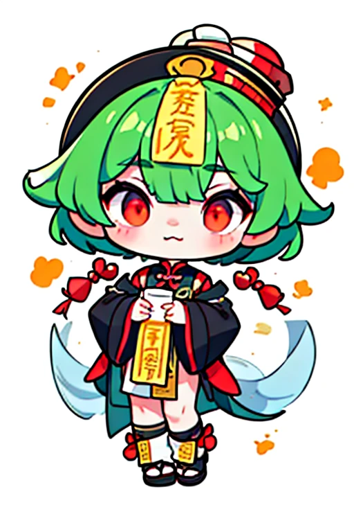 (((Jiangshi)))、masterpiece、Green Hair、Whites of the eyes are black、extra short hair、forehead、Banknotes on the forehead、flipped hair、messy hair、choppy hair、very short hair、((Paint the whites of the eyes black))、Red eyes、Inverted Eyes、Black and white eyes、((juvenile))、man、Long Tongue、Cute deformed、Center part、Pointy、whole body、4 heads、Compact size、Abstract art、Chibi character、Green muscle、((((red eyes))))