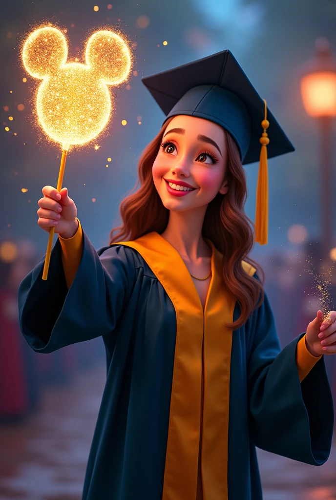 A girl dressed as a graduate making the Mickey Mouse logo with a glitter stick