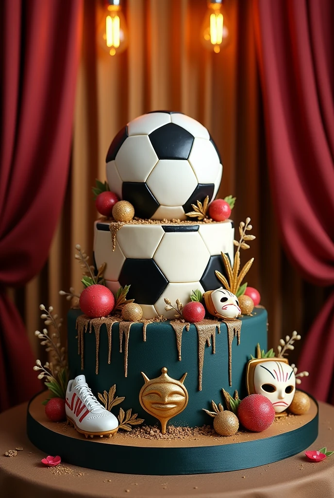 A one-tier cake of soccer and theater combined