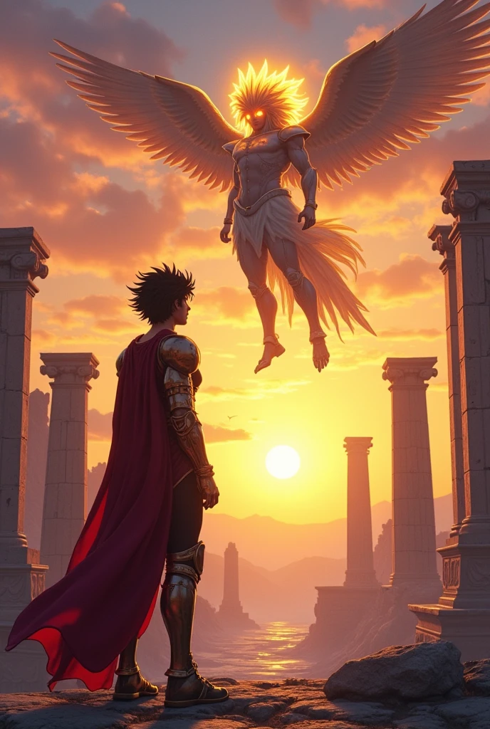 Seiya de pegasus com armadura rachada e quebrada, com uma roupa vermelha, Cavaleiros do Zodíaco, unreal motor render São Seiya, arte oficial, joseph joestar, Arte da sede, arte oficial do anime, Akira Toriyama, Obra-prima do anime, Deus grego no estilo mecha, Parte Brando, capa de filme. A scene at sunset with a sky in shades of orange, purple, and gold. Seiya, wearing his Pegasus armor, stands in a questioning pose, facing Apollo, who hovers slightly above the ground, radiating a golden aura. Apollo's expression is enigmatic, with glowing golden eyes. The background features ruins of Greek temples and celestial pillars, blending with the sky. The atmosphere is serene yet tense, highlighting the philosophical confrontation between the mortal Seiya and the divine Apollo, with the landscape emphasizing their contrasting natures.